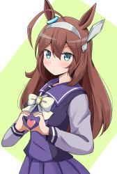 Rule 34 | 1girl, ahoge, aikawa ryou, animal ears, blush, bow, brown hair, closed mouth, commentary request, green background, grey hairband, hair between eyes, hairband, heart, heart hands, highres, horse ears, long hair, long sleeves, looking at viewer, mihono bourbon (umamusume), pleated skirt, purple shirt, purple skirt, school uniform, shirt, skirt, solo, tracen school uniform, two-tone background, umamusume, very long hair, white background, white bow