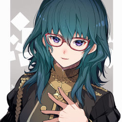 Rule 34 | 1girl, blue hair, blush, buttons, byleth (female) (fire emblem), byleth (fire emblem), commentary request, epaulettes, fire emblem, fire emblem: three houses, garreg mach monastery uniform, glasses, hair between eyes, hand on own chest, highres, juliet sleeves, long hair, long sleeves, looking at viewer, nakabayashi zun, nintendo, official alternate costume, parted lips, puffy sleeves, purple eyes, red-framed eyewear, signature, smile, solo, uniform, upper body