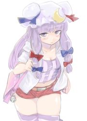Rule 34 | 1girl, alternate costume, bag, belt, breasts, cleavage, contemporary, crescent, female focus, hat, navel, patchouli knowledge, purple eyes, purple thighhighs, sape (saperon black), short shorts, shorts, solo, striped clothes, striped thighhighs, thighhighs, touhou, vest