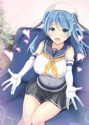 Rule 34 | 1girl, bare shoulders, beret, black skirt, blue eyes, blue hair, blush, breasts, collarbone, couch, double bun, elbow gloves, gin&#039;ichi (akacia), gloves, hair between eyes, hair bun, hat, heart, indoors, kantai collection, large breasts, long hair, looking at viewer, neckerchief, on couch, open mouth, plant, pleated skirt, sailor collar, sailor hat, school uniform, serafuku, skirt, sleeves rolled up, solo, striped clothes, striped skirt, urakaze (kancolle), white gloves, white hat, yellow neckerchief