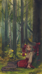 Rule 34 | 1girl, animal ears, arm support, arms at sides, curled horns, day, dragon girl, dragon horns, dragon tail, flat chest, forest, from side, grey hair, highres, horn ornament, horn ribbon, horns, kmbk, long hair, nature, neck ribbon, on ground, original, outdoors, parted bangs, red ribbon, red skirt, ribbon, shirt, sitting, skirt, slit pupils, solo, tail, tree, under tree, white shirt, yellow eyes, yokozuwari