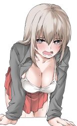 Rule 34 | 1girl, arm support, blue eyes, blush, breasts, bright pupils, camisole, cleavage, collared shirt, commentary, elf (stroll in the woods), frown, girls und panzer, grey hair, grey shirt, half-closed eyes, highres, itsumi erika, leaning forward, long sleeves, medium breasts, medium hair, miniskirt, open clothes, open mouth, open shirt, pleated skirt, red skirt, shirt, simple background, skirt, solo, standing, sweat, textless version, white background, white camisole, white pupils