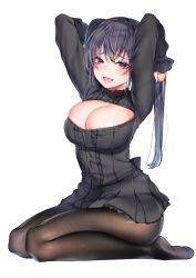 Rule 34 | 1girl, arms up, bad id, bad twitter id, black dress, blush, breasts, buta tamako, cleavage, cleavage cutout, clothing cutout, dress, female focus, full body, highres, large breasts, lipgloss, looking at viewer, original, pantyhose, ponytail, purple eyes, seiza, simple background, sitting, skindentation, solo, white background
