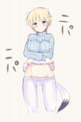 Rule 34 | 10s, 1girl, animal ears, blonde hair, blue eyes, blush, brave witches, breast lift, breasts, clothes lift, covered erect nipples, crossed arms, groin, large breasts, midriff, nikka edvardine katajainen, oi ke, pantyhose, shirt lift, short hair, solo, strike witches, sweater, tail, tears, turtleneck, weasel ears, weasel tail, world witches series