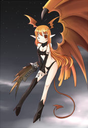 Rule 34 | 1girl, asymmetrical clothes, bare shoulders, breasts, cleavage, cloud, demon girl, female focus, full body, lord of vermilion, midriff, nail polish, navel, night, orange hair, outdoors, pointy ears, red eyes, single wing, sky, smile, solo, demon girl, succubus (lord of vermilion), tail, wings, wink