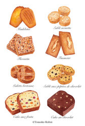 Rule 34 | cake, chocolate cake, chocolate chip cookie, cookie, food, food focus, french text, fruit, galette (food), kuboitomoko, madeleine, no humans, original, painting (medium), simple background, still life, traditional media, watercolor (medium), white background