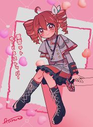 Rule 34 | 1girl, ahoge, belt, blush, boots, bow, buttons, cross-laced footwear, double-breasted, double-parted bangs, drill hair, full body, grey jacket, hair between eyes, hair bow, hair ribbon, heart, highres, jacket, kasane teto, kasane teto (sv), knee boots, kneehighs, lace-up boots, layered skirt, pink background, red hair, ribbon, shoulder belt, signature, sitting, skirt, skirt set, sleeve cuffs, smile, socks, solo, striped clothes, striped jacket, striped skirt, synthesizer v, translation request, twin drills, utau, white bow, white ribbon, yuusuke-kun