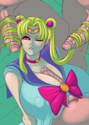 Rule 34 | 1girl, 3boys, absurdres, bishoujo senshi sailor moon, blonde hair, blue eyes, blush, breasts, clothed female nude male, clothed sex, collar, dedalo, ear piercing, group sex, highres, huge breasts, large penis, long hair, multiple boys, nipples, nude, one eye closed, paizuri, paizuri under clothes, penis, piercing, sailor moon, twintails, veins, veiny penis