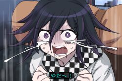 Rule 34 | 1boy, backpack, bag, black hair, brown bag, checkered clothes, checkered scarf, clenched hands, crying, danganronpa (series), danganronpa v3: killing harmony, flipped hair, grey jacket, hands up, highres, jacket, kuchi ~ie, multicolored hair, oma kokichi, purple eyes, reference request, scarf, solo, sweat, tears, teeth, translation request, two-tone hair