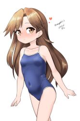 Rule 34 | 1girl, absurdres, alternate costume, arashio (kancolle), blue one-piece swimsuit, breasts, brown eyes, brown hair, competition school swimsuit, covered navel, cowboy shot, heart, highres, kantai collection, long hair, looking at viewer, maru (marg0613), one-hour drawing challenge, one-piece swimsuit, parted bangs, school swimsuit, simple background, small breasts, smile, solo, swimsuit, white background