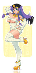 Rule 34 | 1girl, absurdres, arm behind head, arm up, armlet, bandages, black hair, blue eyes, blue nails, breasts, earrings, egyptian clothes, gold footwear, hair tubes, halloween, halloween costume, hand on own hip, hieroglyphics, high heels, highres, jewelry, large breasts, long hair, looking at viewer, multicolored hair, mummy, mummy costume, naked bandage, purple hair, ring, shoes, sidney (zeshgolden), smile, standing, standing on one leg, two-tone hair, usekh collar, white background, yellow nails, zeshgolden
