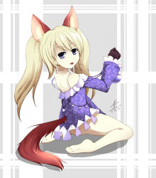 Rule 34 | animal ears, ass, barefoot, blonde hair, blue eyes, bottle, dog ears, dress, elin, feet, from behind, gloves, highres, long hair, looking back, magma chipmunk, sitting, strap slip, tail, tera online, tongue, twintails