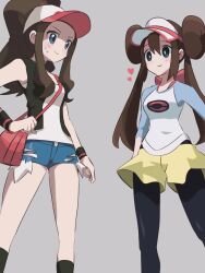 Rule 34 | 2girls, bag, baseball cap, black pantyhose, black socks, black vest, black wristband, blue shorts, breasts, bright pupils, closed mouth, creatures (company), cutoffs, double bun, feet out of frame, game freak, grey background, hair between eyes, hair bun, handbag, hat, heart, highres, hilda (pokemon), kneehighs, korean commentary, legs apart, long hair, medium breasts, multiple girls, nintendo, open clothes, open vest, pantyhose, pantyhose under shorts, pink bag, pokemon, pokemon bw, pokemon bw2, ponytail, qnqn 1020, raglan sleeves, rosa (pokemon), shirt, shorts, simple background, sleeves past elbows, smile, socks, standing, twintails, vest, visor cap, white pupils, white shirt, yellow shorts