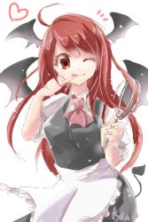 Rule 34 | 1girl, ;q, ahoge, alternate costume, apron, artist name, ascot, bat wings, breasts, collared shirt, colored eyelashes, commentary request, contrapposto, cowboy shot, demon tail, dress shirt, enmaided, eyelashes, finger to mouth, head wings, heart, koakuma, long hair, looking at viewer, maid, o-k-u, one eye closed, pinky out, red eyes, red hair, shirt, short sleeves, simple background, skirt, skirt set, smile, solo, standing, tail, tongue, tongue out, touhou, very long hair, vest, waist apron, whisk, white background, white shirt, wings