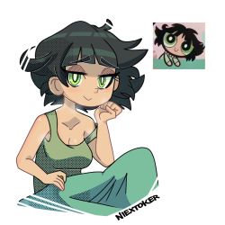 Rule 34 | 1girl, artist name, black hair, blunt bangs, bright pupils, buttercup (ppg), buttercup redraw challenge (meme), derivative work, green eyes, green tank top, halftone, hand up, highres, looking at viewer, meme, messy hair, niextoker, powerpuff girls, reference inset, screenshot inset, screenshot redraw, short hair, simple background, smile, solo, tank top, under covers, white background, white pupils