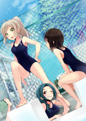 Rule 34 | 3girls, ahoge, aqua hair, bare legs, barefoot, black hair, blonde hair, blue sky, blush, breasts, brown eyes, building, chain-link fence, day, dutch angle, fence, green eyes, green hair, grin, hair tie, hand on own hip, highres, long hair, looking at viewer, looking back, lying, medium breasts, mirai denki, multiple girls, on stomach, one-piece swimsuit, one eye closed, open mouth, original, outdoors, ponytail, pool, poolside, red eyes, school swimsuit, short hair, sitting, sky, smile, standing, swimsuit, taut clothes, taut swimsuit, tree