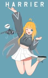 Rule 34 | 1girl, ;d, ahoge, aircraft, arm at side, arm up, atamonica, blonde hair, blue eyes, breasts, cape, clenched hand, dot nose, grey shirt, happy, hawker harrier, highres, jumping, light blush, long hair, long sleeves, looking at viewer, miniskirt, one eye closed, open mouth, original, outstretched arm, pleated skirt, shirt, shoes, simple background, skirt, smile, solo, white skirt