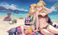 Rule 34 | 2girls, alternate costume, alternate hairstyle, barefoot, beach, bikini, blonde hair, blush, breasts, brown bikini, caitlin (pokemon), cleavage, closed mouth, cloud, commentary request, creatures (company), cynthia (pokemon), day, eyelashes, frills, game freak, garchomp, gastrodon, gastrodon (west), gen 1 pokemon, gen 4 pokemon, gen 5 pokemon, glass, gothita, green eyes, green one-piece swimsuit, hand up, highres, holding, holding pokemon, jojobirdz, large breasts, long hair, multiple girls, navel, nintendo, one-piece swimsuit, outdoors, parted bangs, pokemon, pokemon (creature), pokemon bw, riolu, roserade, sand, shellder, shore, sky, small breasts, staryu, swimsuit, toes, water