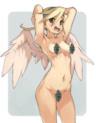 Rule 34 | 1girl, angel wings, armpits, arms behind head, ayatsuki nina, blonde hair, blue hairband, blush, border, breasts, breath of fire, breath of fire iv, brown eyes, censored, censored nipples, completely nude, cowboy shot, d:, embarrassed, grey background, hairband, hands up, highres, looking at viewer, medium hair, navel, nude, open mouth, small breasts, solo, standing, vins-mousseux, white border, wide-eyed, wings