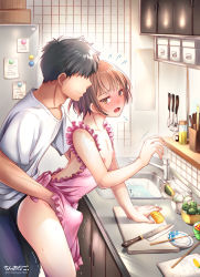 Rule 34 | 2boys, anal, apron, blush, brown hair, character request, chinanago, chinanago7010, doggystyle, handjob, handjob under clothes, highres, kitchen, male penetrated, multiple boys, naked apron, nipples, open mouth, orange eyes, reach-around, sex, sex from behind, short hair, trap, yaoi