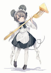 Rule 34 | 1girl, :p, absurdres, alternate costume, animal ears, apron, bad id, bad pixiv id, black bow, black dress, black footwear, blush, bow, bowtie, cheese, chinese zodiac, closed mouth, dress, enmaided, fake animal ears, fake tail, food, fork, frilled apron, frills, full body, grey eyes, grey hair, highres, holding, holding fork, idolmaster, idolmaster cinderella girls, loafers, long sleeves, looking to the side, maid, maid apron, maid headdress, mouse ears, mouse girl, mouse tail, otokura yuuki, oversized object, pantyhose, shadow, shoes, short hair, simple background, smile, social kasu (mob oji katu), solo, tail, tongue, tongue out, white apron, white background, white pantyhose, wide sleeves, year of the rat