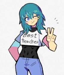 Rule 34 | 1girl, ^^^, abs, alternate costume, black bodysuit, blue eyes, blue pants, blush, bodysuit, bodysuit under clothes, byleth (female) (fire emblem), byleth (fire emblem), casual, contemporary, covered navel, cowboy shot, denaseey, english text, fire emblem, fire emblem: three houses, nintendo, one eye closed, pants, print shirt, shirt, short sleeves, simple background, smile, solo, v, white background, white shirt
