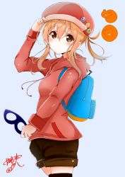 Rule 34 | 10s, 1girl, animal, backpack, bag, black thighhighs, blonde hair, brown eyes, doma umaru, expressionless, hamster, hat, highres, himemiya shuang, himouto! umaru-chan, hood, hoodie, laces, looking at viewer, mask, unworn mask, md5 mismatch, shorts, signature, simple background, solo, sweater, thighhighs, white background, zipper