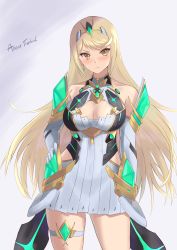 Rule 34 | 1girl, absurdres, armor, bare shoulders, blonde hair, blush, breasts, chest jewel, cleavage, cleavage cutout, closed mouth, clothing cutout, cowboy shot, dress, drop earrings, earrings, elbow gloves, frown, fukai asase, gloves, hand on own hip, highres, jewelry, large breasts, long hair, looking at viewer, mythra (xenoblade), short dress, signature, simple background, solo, swept bangs, thigh strap, tiara, v-shaped eyebrows, white dress, white gloves, xenoblade chronicles (series), xenoblade chronicles 2, yellow eyes