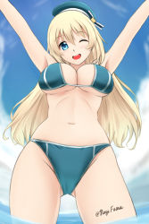 Rule 34 | 10s, 1girl, ;d, adapted costume, arms up, atago (kancolle), beret, bikini, blonde hair, blue eyes, blush, breasts, cleavage, female focus, fuuma nagi, hat, highres, kantai collection, large breasts, long hair, looking at viewer, navel, one eye closed, open mouth, smile, solo, swimsuit
