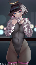 Rule 34 | 1girl, artist name, black hair, black leotard, blue eyes, blunt bangs, breasts, city lights, cityscape, closed mouth, covered navel, cowboy shot, gluteal fold, halo, jacket, jacket lift, large breasts, leotard, long sleeves, looking at viewer, night, outdoors, pantyhose, railing, sasha (cyberpunk), short hair, skindentation, solo, standing, thigh gap, thigh strap, thighs, viola (seed), white jacket