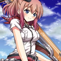 Rule 34 | 10s, 1girl, anchor, artist request, belt, blue eyes, breast pocket, brown hair, day, dress, flight deck, from below, kantai collection, long hair, looking at viewer, neckerchief, pocket, ponytail, red neckerchief, saratoga (kancolle), side ponytail, sky, smile, solo, standing, white dress