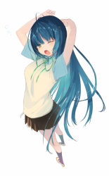 Rule 34 | 1girl, ;o, arms up, bad id, bad pixiv id, black socks, blue hair, green eyes, highres, kneehighs, long hair, looking at viewer, noco (adamas), one eye closed, open mouth, original, school uniform, shoes, simple background, skirt, socks, solo, sweater vest, uwabaki, very long hair, white background, wink, yawning