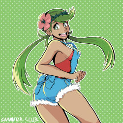 Rule 34 | 1girl, :d, artist request, ass, breast pocket, breasts, creatures (company), dark-skinned female, dark skin, denim, flower, from behind, game freak, green eyes, green hair, hair flower, hair ornament, long hair, looking at viewer, looking back, mallow (pokemon), medium breasts, nintendo, open mouth, pocket, pokemon, pokemon sm, samanator club, sideboob, smile, solo, trial captain, twintails