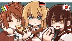 Rule 34 | + +, 3girls, akagi (kancolle), aquila (kancolle), blonde hair, blue eyes, brown eyes, brown hair, closed mouth, eating, flag, food, food in mouth, german flag, graf zeppelin (kancolle), hagino chihiro, head rest, highres, holding, holding food, italian flag, japanese clothes, japanese flag, kantai collection, long hair, multiple girls, one eye closed, onigiri, open mouth, orange hair, pizza, ponytail, saliva, sausage, shaded face, sidelocks, simple background, twintails, upper body