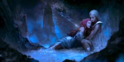 Rule 34 | 2girls, artist name, bare arms, bare shoulders, closed eyes, diana (league of legends), facial mark, facing another, forehead mark, grey hair, highres, league of legends, leona (league of legends), long hair, mountain, multiple girls, night, outdoors, red hair, scar, scar across eye, sitting, wanda (wandakun), water