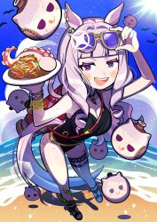 Rule 34 | 1girl, absurdres, adjusting eyewear, animal ears, arm up, bird, black one-piece swimsuit, blunt bangs, blush stickers, bracelet, breasts, casual one-piece swimsuit, cleavage, cloud, eyewear on head, fisheye, food, full body, glint, gold ship (run revolt launcher) (umamusume), gold ship (umamusume), highres, holding, holding plate, horse ears, horse girl, horse tail, jewelry, long hair, looking at viewer, medium breasts, necklace, noodles, ocean, octopus, one-piece swimsuit, open mouth, outdoors, plate, purple eyes, purple hair, sandals, shadow, smile, solo, standing, standing on one leg, sunglasses, sunlight, swimsuit, tail, thigh strap, umamusume, upper body, v-shaped eyebrows, water, water balloon, water gun, wet, yamamoto bc