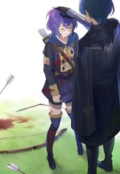 Rule 34 | 1boy, 1girl, arrow (projectile), backlighting, bernadetta von varley, blood, blood on clothes, blood on ground, blood on leg, blush, boots, bow (weapon), byleth (fire emblem), byleth (male) (fire emblem), closed eyes, commentary, crying, fire emblem, fire emblem: three houses, full body, garreg mach monastery uniform, grass, headpat, highres, kyufe, nintendo, outdoors, tears, thigh boots, thighhighs, weapon, zettai ryouiki