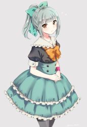 Rule 34 | 1girl, adapted costume, aqua hair, artist name, black pantyhose, blush, bow, bowtie, buttons, closed mouth, collar, collarbone, dress, expressionless, eyebrows, flying sweatdrops, frilled shirt collar, frills, green bow, green dress, grey background, hair bow, ica, kantai collection, layered dress, orange bow, orange bowtie, own hands together, pantyhose, ponytail, puffy short sleeves, puffy sleeves, short hair, short sleeves, sidelocks, simple background, solo, standing, sweatband, tareme, yuubari (kancolle)