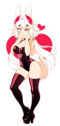 Rule 34 | 1girl, animal ears, bare arms, bare shoulders, black legwear, black leotard, blush stickers, breasts, rabbit ears, rabbit tail, cleavage, commentary, contrapposto, english commentary, full body, hair tubes, halphelt, hands up, heart, heart-shaped pupils, high heels, highleg, highleg leotard, highres, horns, leotard, long hair, looking at viewer, low twintails, original, pink eyes, rabbit girl, red legwear, red leotard, smile, solo, symbol-shaped pupils, tail, twintails, very long hair, white hair