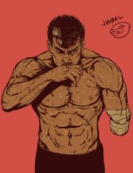Rule 34 | 1boy, abs, amputee, bad id, bad twitter id, bandaged arm, bandages, berserk, black hair, black pants, bruise, commentary, cowboy shot, guts (berserk), highres, injury, justin leyva (steamy tomato), looking at viewer, male focus, missing limb, multicolored hair, muscular, nipples, one eye closed, pants, red background, scar, signature, simple background, solo, standing, streaked hair, topless male