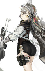 Rule 34 | 1girl, ;(, absurdres, arknights, ass, black skirt, breasts, commentary, cowboy shot, fartooth (arknights), from behind, grey hair, grey skirt, headgear, highres, holding, holding weapon, large breasts, long hair, looking at viewer, nopetroto, one eye closed, pencil skirt, pouch, revision, shirt, skirt, solo, standing, symbol-only commentary, thigh strap, thighs, vambraces, weapon, white shirt, yellow eyes