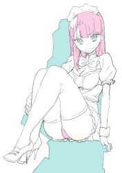 Rule 34 | &gt;:), 1girl, absurdres, ass, bad id, bad twitter id, blue eyes, blunt bangs, breasts, cleavage, donguri suzume, full body, headdress, high heels, highres, legs together, long hair, looking at viewer, medium breasts, neck ribbon, panties, pink hair, pink panties, puffy short sleeves, puffy sleeves, ribbon, short sleeves, simple background, sitting, smile, solo, thighhighs, underwear, v-shaped eyebrows, white background
