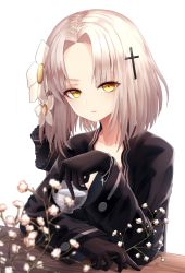 Rule 34 | 1girl, alcohol, aug (girls&#039; frontline), black gloves, branch, closed mouth, collarbone, commentary, cross, cup, expressionless, flower, girls&#039; frontline, gloves, hair flower, hair ornament, hair ribbon, highres, holding, holding branch, holding cup, long sleeves, looking at viewer, myung yi, revision, ribbon, short hair, silver hair, simple background, solo, table, upper body, white background, wooden table, yellow eyes