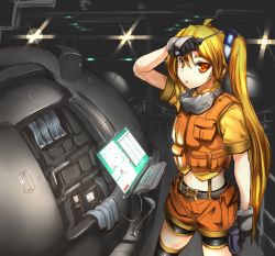 Rule 34 | 1girl, akita neru, blonde hair, drill, gloves, goggles, goggles around neck, keyboard (computer), long hair, machine, magu (mugsfc), monitor, power drill, power tool, screwdriver, shorts, side ponytail, solo, thighhighs, vest, vocaloid, yellow eyes