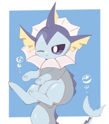 Rule 34 | baniragum, blue eyes, bubble, closed mouth, creatures (company), fins, forked tail, frown, game freak, gen 1 pokemon, nintendo, no humans, one eye closed, pokemon, pokemon (creature), solo, spikes, tail, vaporeon