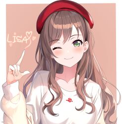 Rule 34 | 1girl, ;), bang dream!, beret, blush, brown hair, character name, collarbone, commentary, english commentary, flower, fries vanquisher, green eyes, hat, heart, highres, imai lisa, index finger raised, long hair, long sleeves, one eye closed, red hat, rose, shirt, smile, solo, two-tone background, white shirt