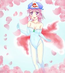 Rule 34 | 1girl, breasts, cherry blossoms, cleavage, cosplay, creatures (company), game freak, gen 1 pokemon, goldeen, goldeen (cosplay), leotard, misty (pokemon), misty (pokemon) (cosplay), nintendo, pink hair, pokemon, pokemon (anime), pokemon (classic anime), pokemon ep043, saigyouji yuyuko, touhou, white leotard