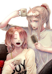 Rule 34 | 2girls, alternate costume, alternate hairstyle, aquila (kancolle), beige shirt, blonde hair, blue eyes, breasts, casual, character name, closed eyes, clothes writing, collarbone, couch, cup, graf zeppelin (kancolle), hair between eyes, hair ornament, hairclip, highres, holding, holding brush, holding cup, kantai collection, long hair, looking at another, medium breasts, millipen (medium), multiple girls, off shoulder, open mouth, orange hair, ponytail, purple eyes, scrunchie, shirt, sidelocks, signature, sitting, sleeves rolled up, smile, tesun (g noh), traditional media, watercolor pencil (medium), wavy hair, white background, white shirt