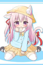 Rule 34 | 1girl, :o, animal ear fluff, animal ears, azur lane, bell, black footwear, blue background, blue shirt, blush, bow, cat ears, cat girl, cat tail, colored shadow, commentary request, drop shadow, ears through headwear, full body, hair between eyes, hair ribbon, hand up, hat, highres, jingle bell, kindergarten uniform, kisaragi (azur lane), long hair, long sleeves, one side up, parted lips, pink hair, pleated skirt, purple eyes, red bow, red ribbon, ri-net, ribbon, sailor collar, school hat, shadow, shirt, shoes, sitting, skirt, sleeves past wrists, solo, tail, tail bell, tail bow, tail ornament, thighhighs, two-tone background, very long hair, wariza, white background, white sailor collar, white thighhighs, yellow bow, yellow hat, yellow skirt