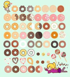 Rule 34 | 10s, 1girl, annotated, annotation request, black eyes, blonde hair, chibi, doughnut, english text, food, heart, lying, mister donut, monogatari (series), nisemonogatari, old-fashioned doughnut, on stomach, open mouth, oshino shinobu, pantyhose, polka dot, polka dot background, ponytail, side ponytail, solo, yellow eyes, yuzuki (0845203)